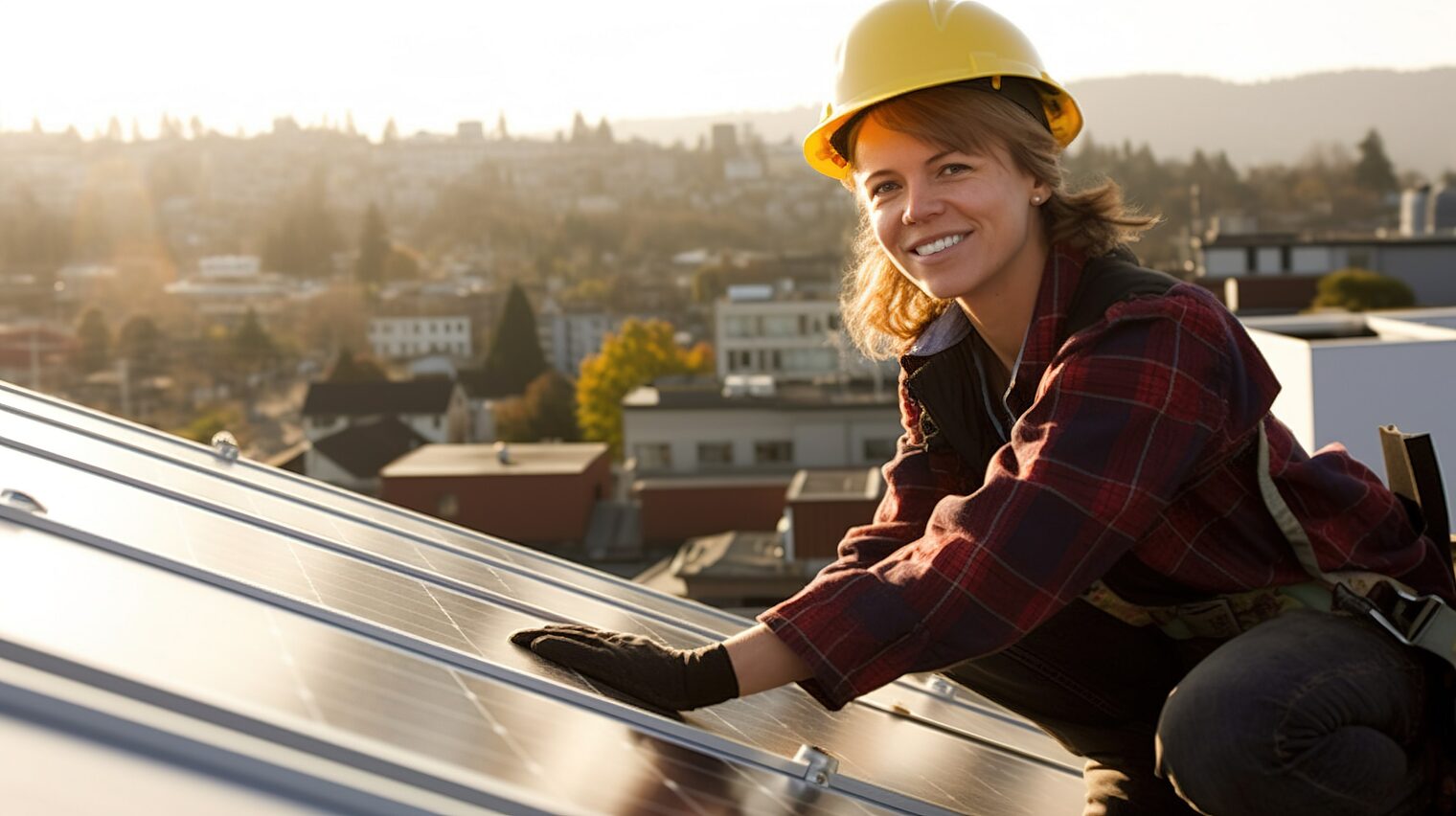 Elektrotechnikerin installiert eine Photovoltaikanlage auf dem Dach